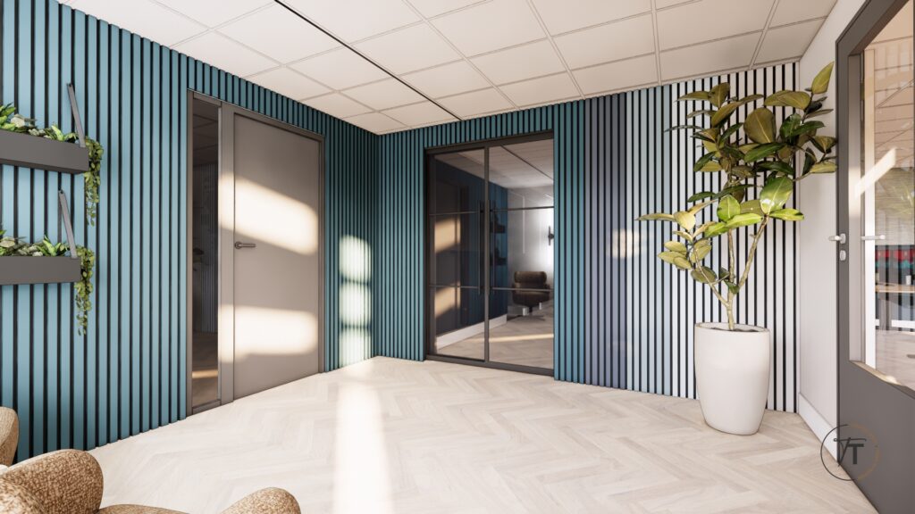 Interieurontwerp kantoor en kantine van schildersbedrijf in Enschede, ontworpen door Tijdloos Thuis