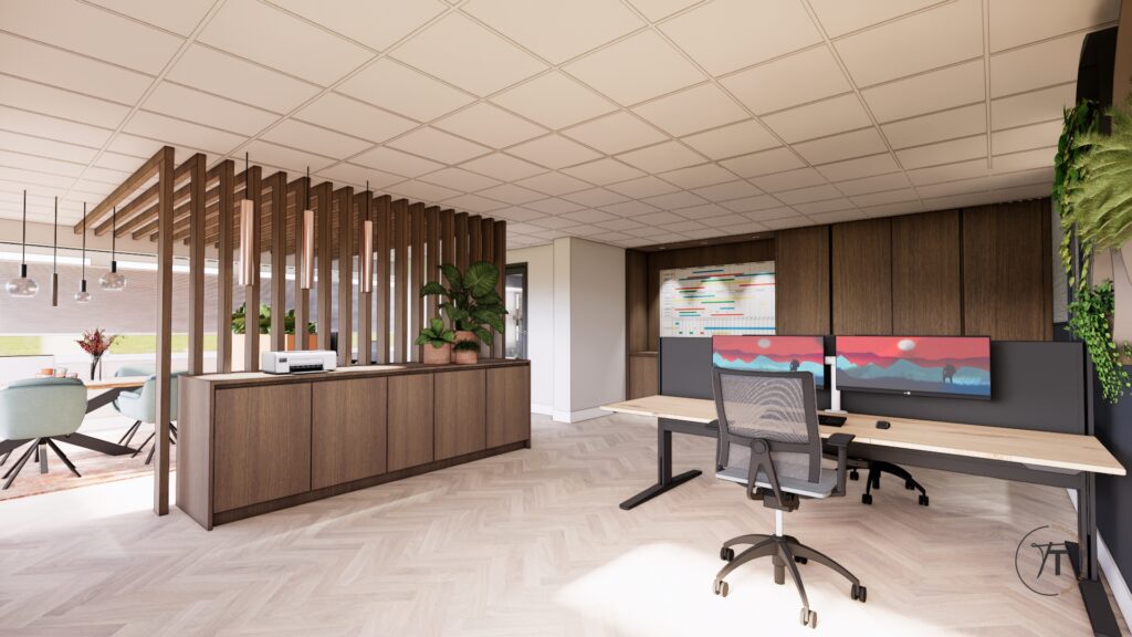 Interieurontwerp kantoor en kantine van schildersbedrijf in Enschede, ontworpen door Tijdloos Thuis
